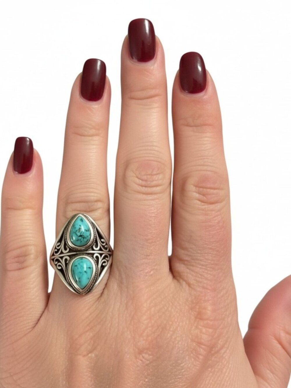 Turquoise Teardrop Two Stone Silver Filigree Band Ring 8